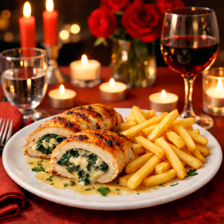 Pechugas de pollo rellenas de espinaca y queso con papas fritas